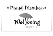 black and white badge proud member of wellbeing umbrella